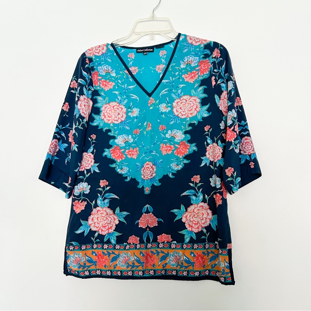 Tolani Anthropologie long sleeve floral print paisley top blouse shirt blue navy - Picture 2 of 5